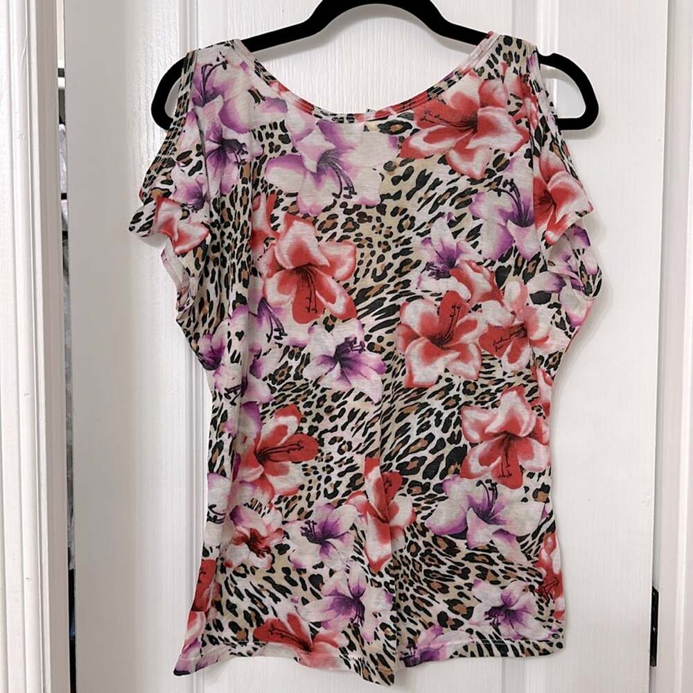 Cleek Leopard Animal Print Floral Cold Shoulder Blouse 1x - Picture 3 of 3